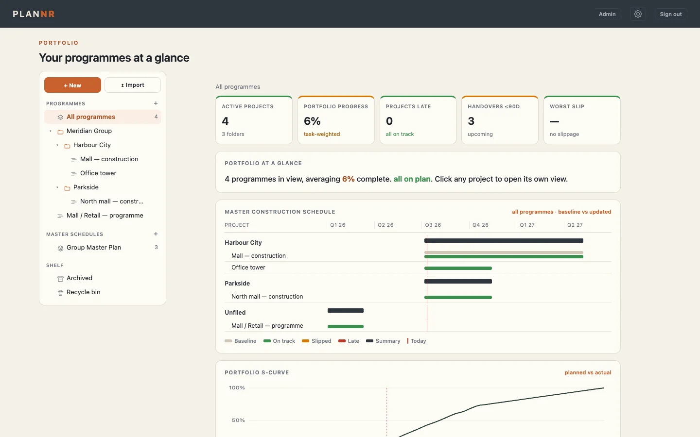 Plannr portfolio page listing programmes with progress and slip